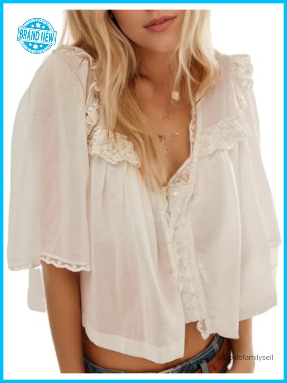 Womens 100% Cotton Oversized Crop Boho Lace Half Sleeve Button Down V-Neck